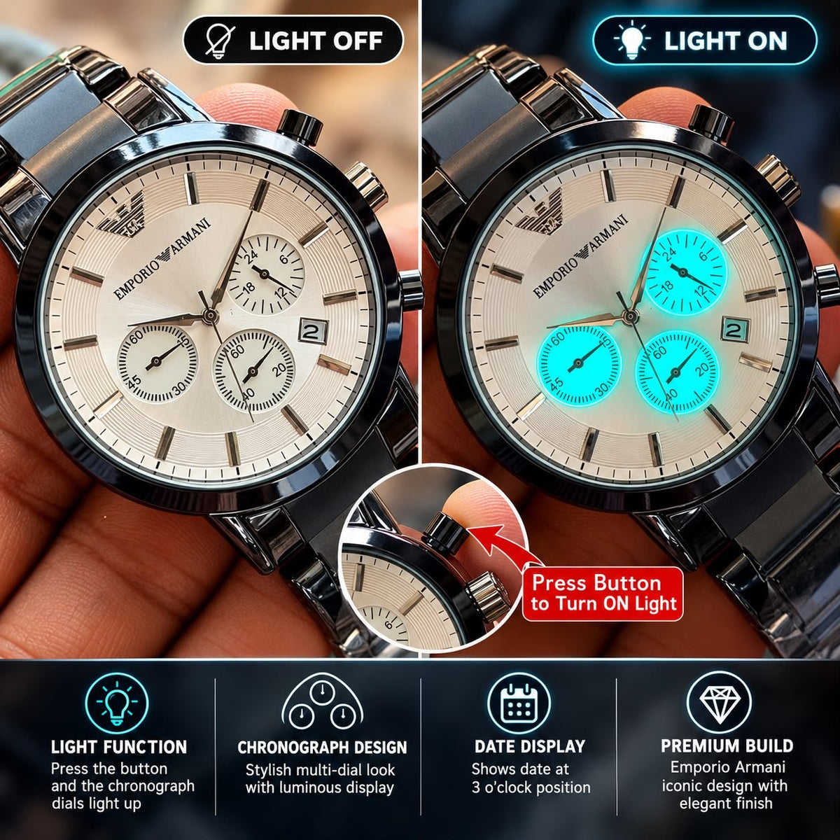Emporio Armani Glowing Chronograph Watch. - ZypherPremium