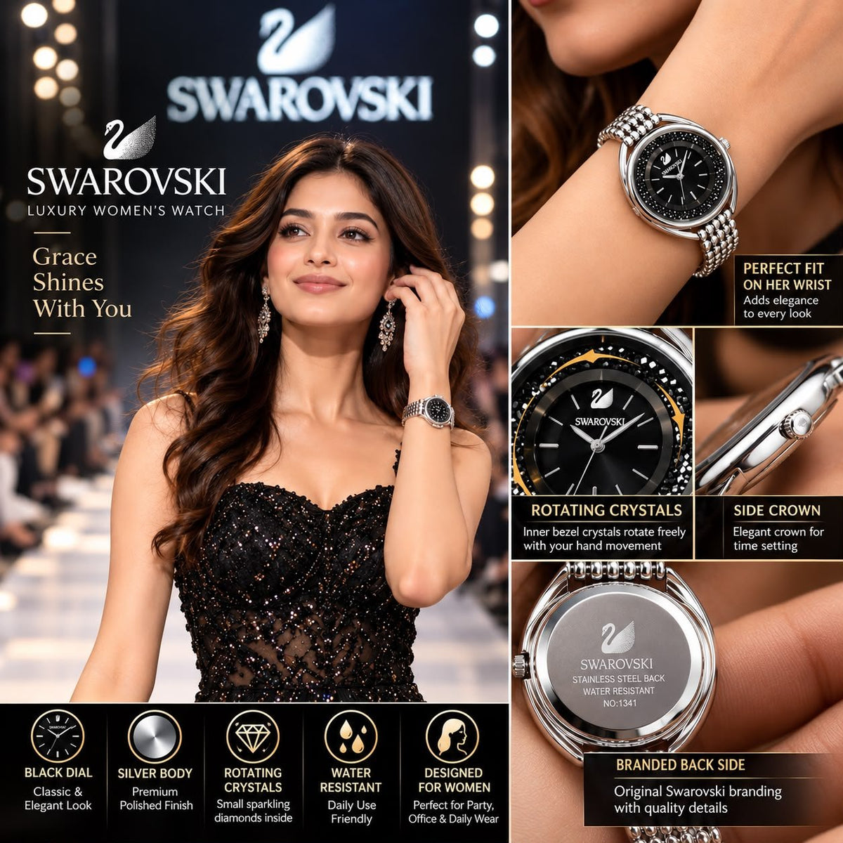 Swarovski Crystalline Oval Black Bracelet Watch - ZypherPremium